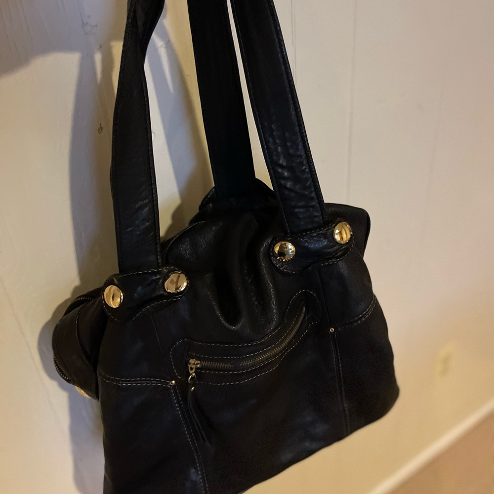 Large soft worn black leather bag “ON TREND”